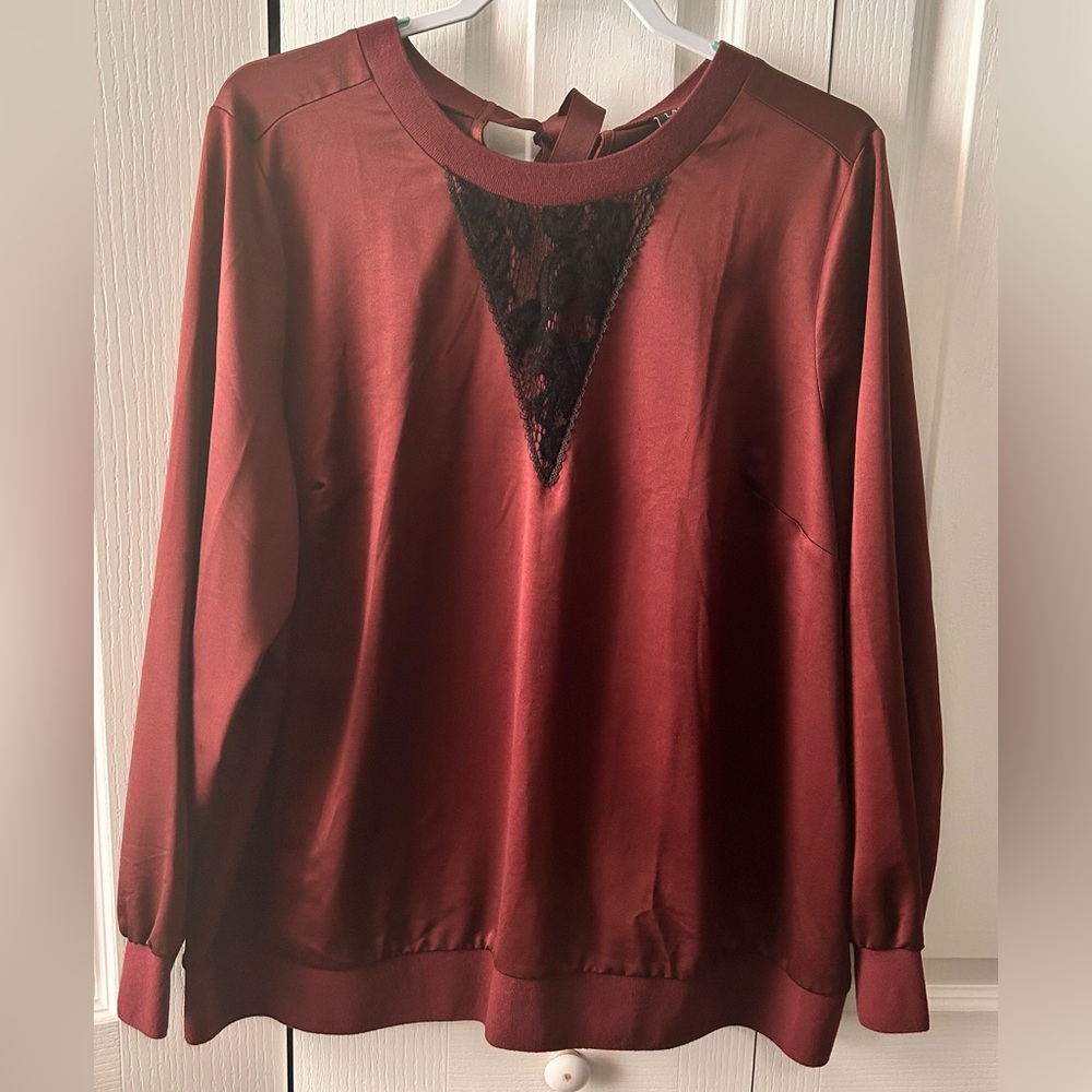 Lane Bryant Women's Size 18/20 Burgundy Crew Neck Long Sleeve Lace Plus Blouse